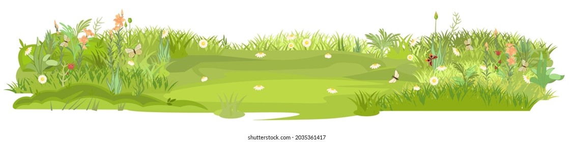 Sommerweide mit Blumen. Schmetterlinge. Grüne Rasendicken. Grasfläche. Spielplatz. Ort. Schöne Landschaft. Einzeln auf weißem Hintergrund. Flacher Stil. Cartoon-Design. Vektorgrafik.