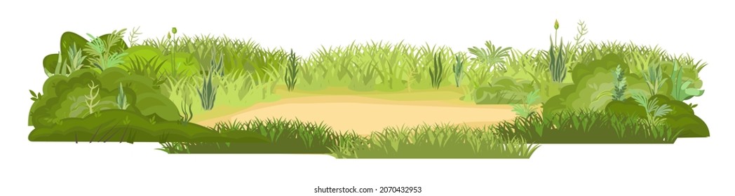 Dense summer meadow. Sandy area. Herbal green thickets. Grass area. Playground. A place. Beautiful and graceful landscape. Isolated on white background. Flat style. Cartoon design. Vector