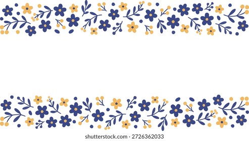 Fronteras florales superiores e inferiores densas con flores de jardín azules y amarillas.