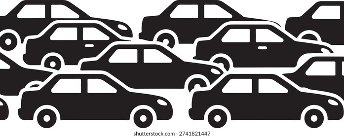 A dense traffic jam with multiple cars on a busy roadway isolated on white background, illustration