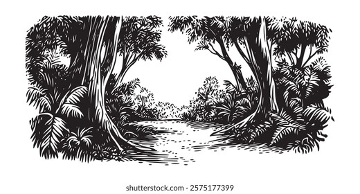 dense tropical forest pathway with trees and plants in black and white illustration