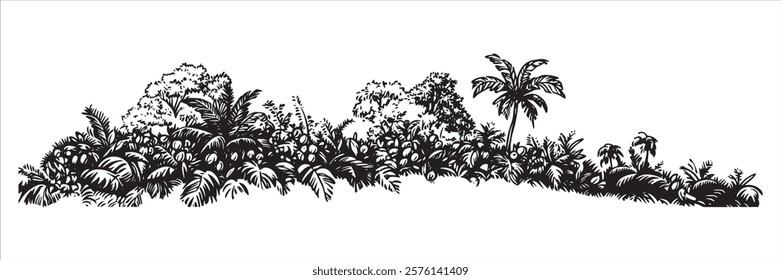 dense tropical jungle with palm trees and lush vegetation in black and white hand-drawn style