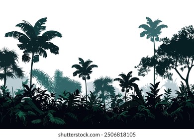 Dense Tropical Jungle with Silhouetted Trees. Vector icon design.