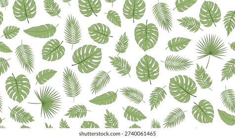 Dense tropical leaf pattern featuring various green palm and monstera leaves scattered across a white background for an exotic jungle atmosphere.