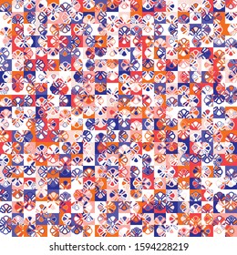 Dense Vector Packed Noise Close Up. Mini Pixel Grid Mosaic Texture Background. Classic Blue Red White Abstract Macro Seamless Pattern. Playfull Painterly All Over Print. Repeat Swatch Tile.  EPS 10