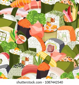 Dense vector seamless pattern from a variety of sushi