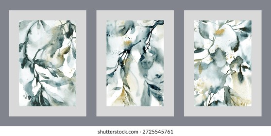 Dichte Vegetation mit Zweigen und Laub von Bäumen oder Büschen, auf Aquarellplakaten. Set von Kunstwerken mit Waldvegetation mit Pflanzenblättern für die Innenausstattung und Raumwanddekoration