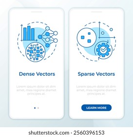 Dense vs sparse vectors blue onboarding mobile app screen. Walkthrough 2 steps editable graphic instructions with linear concepts. UI, UX, GUI template