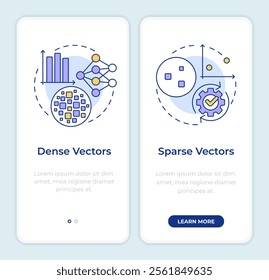 Dense vs sparse vectors onboarding mobile app screen. Walkthrough 2 steps editable graphic instructions with linear concepts. UI, UX, GUI template