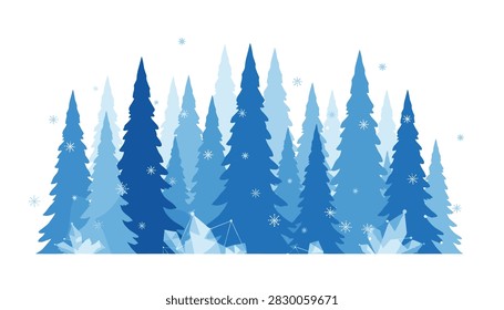 Dense winter pine forest with layered shades of blue trees and sparkling snow crystals on the ground.