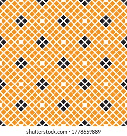 Densely packed diagonal orange and black diamond squares in a repeating pattern on a white background, geometric vector illustration