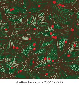 densely packed leaf-like shapes with red round dots interspersed between them