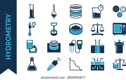 Density bottles and balances icon set. Flat vector symbol collection with bottles, wine glass shapes, scales, ovens and stack rings signs. Editable graphic design elements for specific gravity websites, mobile apps, infographics, banners and presentations. Simple isolated pictograms in blue tones on white background.
