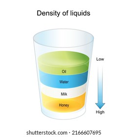 Density liquids. separate fluids layers. Honey and Milk with high density, Water and Oil with low density. A glass containing various colored liquids with different densities. vector poster