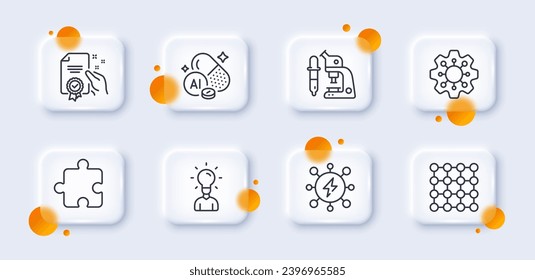 Paquete de iconos de línea de densidad, microscopio y educación. Botones de vidrio 3d con círculos borrosos. Icono de Power, Puzzle, Execute web. Certificado, pictograma mineral de aluminio. Para aplicación web, imprimir. Vector