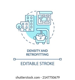 Density and retrofitting turquoise concept icon. Green urbanism principle abstract idea thin line illustration. Isolated outline drawing. Editable stroke. Arial, Myriad Pro-Bold fonts used