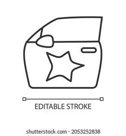 Dent auf dem Auto Seite linearen Symbol. Fahrzeugkollision. Geringfügige Schäden am Automobil. Verkehrsunfall. Dünne, anpassbare Illustration. Contour-Symbol. Vektor-einzelne Rahmenzeichnung. Bearbeitbarer Hub
