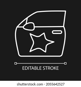 Dent on car side white linear icon for dark theme. Vehicle collision. Minor damage to automobile. Thin line customizable illustration. Isolated vector contour symbol for night mode. Editable stroke