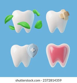 Dental 3D icons vector set various tooth condition. Realistic tooth with medical mark shield, health and freshness with herbs. Sick tooth with plaster. Dental hygiene, protection, dentistry prevention