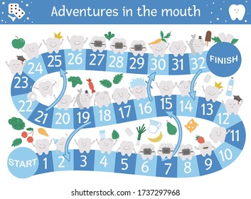 Dental adventure board game for children with cute characters. Educational tooth medicine boardgame. Teeth care activity. Mouth hygiene learning worksheet