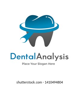 Dental analysis vector logo template. Tooth with magnifying glass symbol. Suitable for medical business.