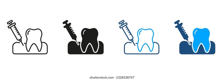 Conjunto de iconos de línea y silhouette de anestesia dental. Medicina Oral. Tratamiento dental, Colección de símbolos de odontología. Inyección anestésica en el signo de color y negro de goma. Ilustración de vectores aislados.