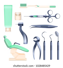 Dental appliances - set of realistic vector isolated objects on white background. Toothbrush, toothpaste, floss, chair, explorers, intraoral mirror, extracting forceps, turbine, tweezer, syringe