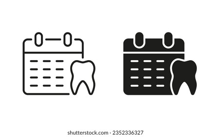 Dental Appointment Silhouette and Line Icons Set. Medical Checkup, Oral Hygiene Schedule. Dentistry Sign. Visit Dentist Date. Dental Treatment Black Symbol Collection. Isolated Vector Illustration.