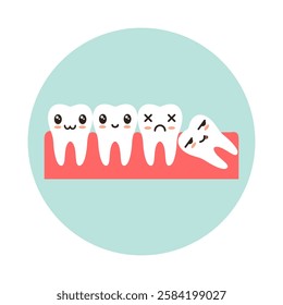 Dental arch with a wisdom tooth with kawaii emotion. Concept of dental problems. Vector flat icon.