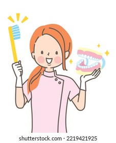 Dental assistant teaching toothbrushing vector illustration