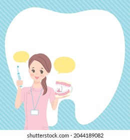 Dental assistant teaching toothpaste Flyer style illustration material