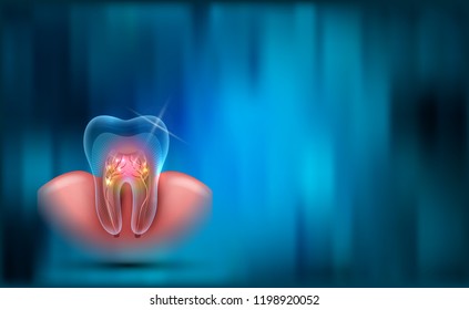 Dental background, transparent tooth cross section, roots and gum on a beautiful blue abstract background