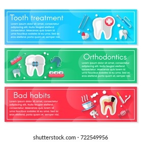 Dental Banner Background Concept With Flat Icons Isolated. Vector Illustration, Dentistry, Orthodontics. Healthy clean teeth. Dental instruments and equipment. Illustration for your projects