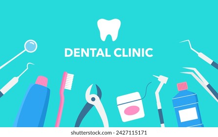 Dental Banner Background Concept vector illustration. Dentistry, Orthodontics. Healthy clean teeth. Dental instruments and equipment.