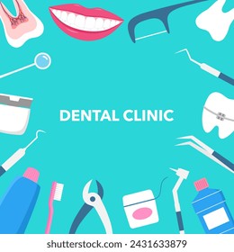 Ilustración de vector de concepto de fondo de banner dental. Odontología, Ortodoncia. Dientes limpios y saludables. Instrumentos y equipos dentales.