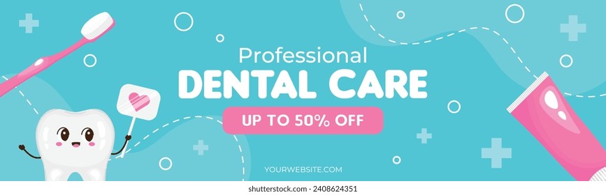 Dental banner for dental clinic. Discount on services for dental health. Oral hygiene. Dentistry. Banner or poster for website or app. Funny cartoon teeth in cartoon style. Up to 50% off, sale.