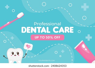 Dental banner for dental clinic. Discount on services for dental health. Oral hygiene. Dentistry. Banner or poster for website or app. Funny cartoon teeth in cartoon style. Up to 50% off, sale.