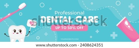 Dental banner for dental clinic. Discount on services for dental health. Oral hygiene. Dentistry. Banner or poster for website or app. Funny cartoon teeth in cartoon style. Up to 50% off, sale.