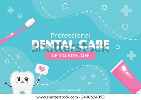 Dental banner for dental clinic. Discount on services for dental health. Oral hygiene. Dentistry. Banner or poster for website or app. Funny cartoon teeth in cartoon style. Up to 50% off, sale.