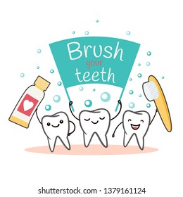 Dental banner with cute teeth characters. To brush your teeth with toothpaste.  Illustration for children dentistry. Oral hygiene, teeth cleaning. - Vector