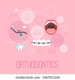 Dental banner with flat icons in circles. Dentistry orthodontics outline symbols vector illustration. Colorful health care template for website or brochures. Background design and place for text