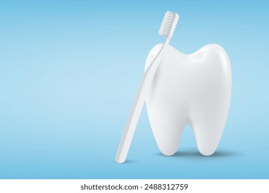 Dental Banner, Poster. Vector 3d Realistic Toothbrush with Tooth Icon Closeup on Blue Background. Medical Dentist Design Template. Dental Health Concept