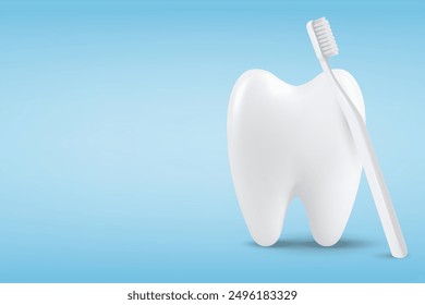 Dental Banner, Poster. Vector 3d Realistic Toothbrush with Tooth Icon Closeup on Blue Background. Medical Dentist Design Template. Dental Health Concept