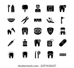 Dental black icons set. Collection of graphic elements for website. Tooth, mouth, syringe and dentist tools. Oral care and hygiene. Cartoon flat vector illustrations isolated on white background