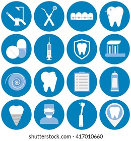 Dental blue flat vector icons for your website, business cards, brochures in the form of a circle