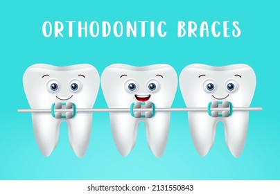 Dental brace emoji vector design. Orthodontic braces with 3d tooth emojis in happy faces reaction for oral health care teeth mascot emoticon characters. Vector illustration.
