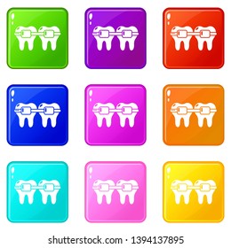 Dental brace icons set 9 color collection isolated on white for any design