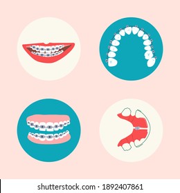 Cordones dentales, alicates metálicos ortodónticos y alineados sobre los dientes.Cuidado oral y rutina diaria.Corrección de cometas. Iconos redondos.Vector de estilo plano.