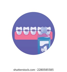 Dental braces care, round icon with teeth and mouthwash - flat vector illustration isolated on white background. Concepts of dental care and orthodontic dentistry.