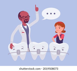 Dental braces, child girl and dentist doctor consultation. Black male orthodontics giving medical consultation, guide helping patient to correct problems with teeth or jaws. Vector illustration